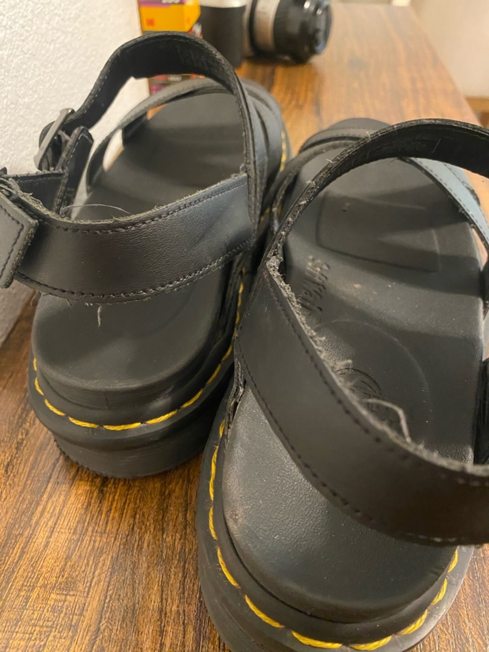 Dr. Martens Black Leather Platform Sandals with Yellow Stitching - Picture 4 of 5
